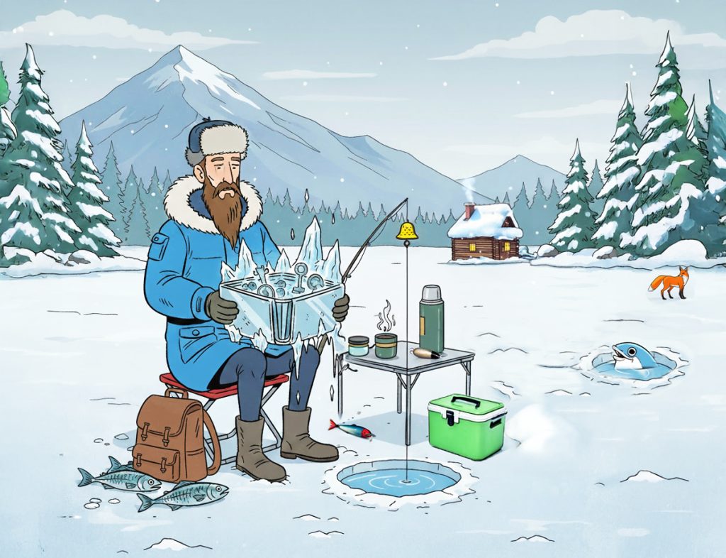 man ice fishing cold crypto wallet