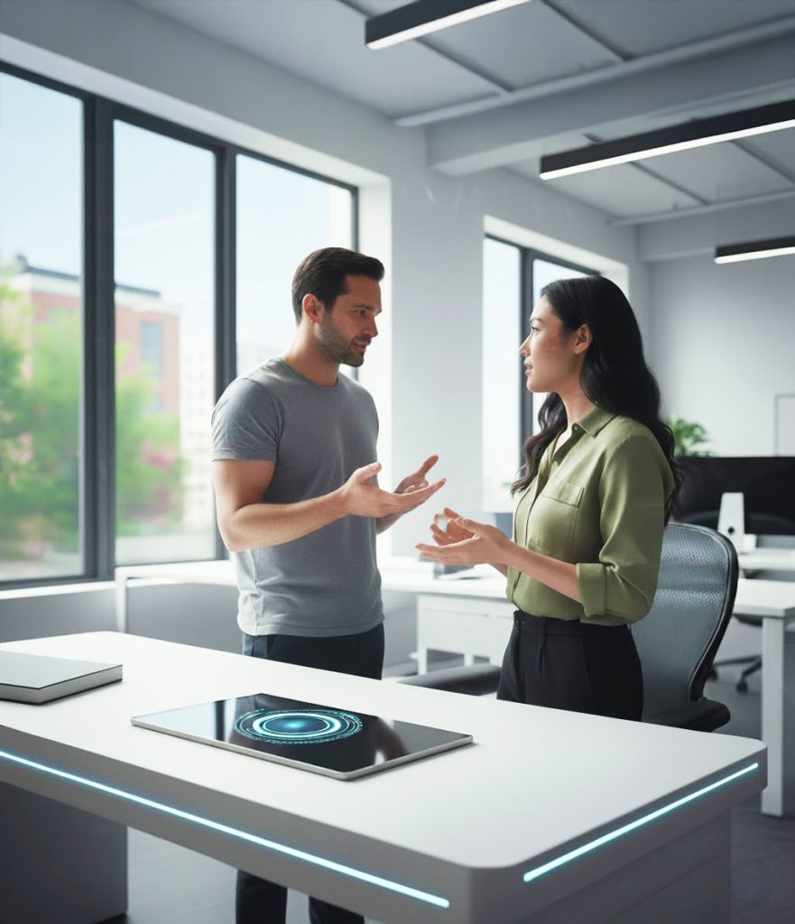 Sam and Anna having a chat