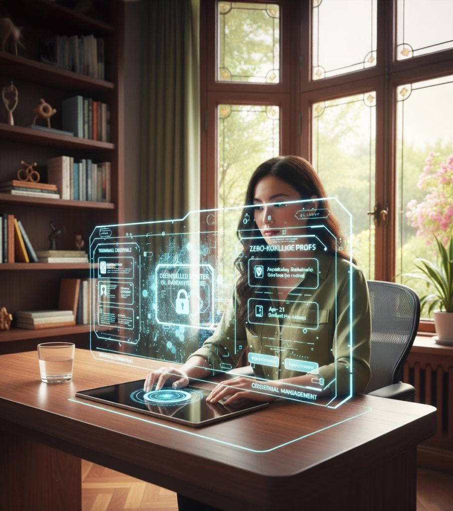 Woman using futuristic software 