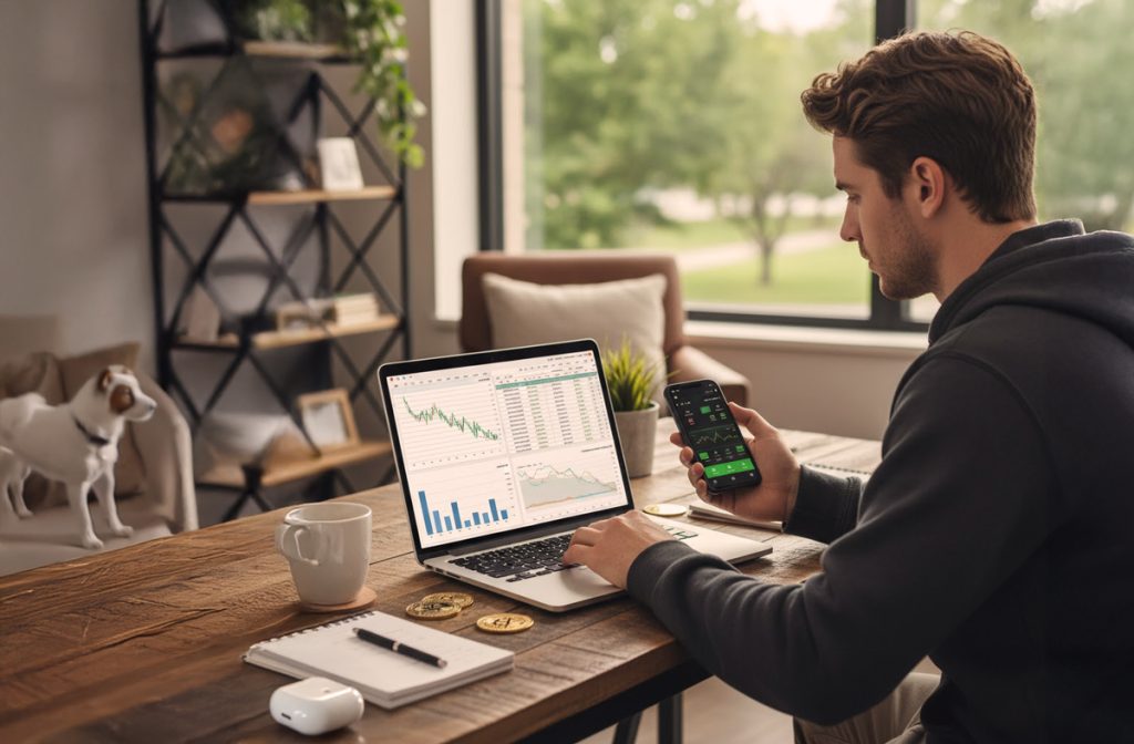 man checking bank account on phone