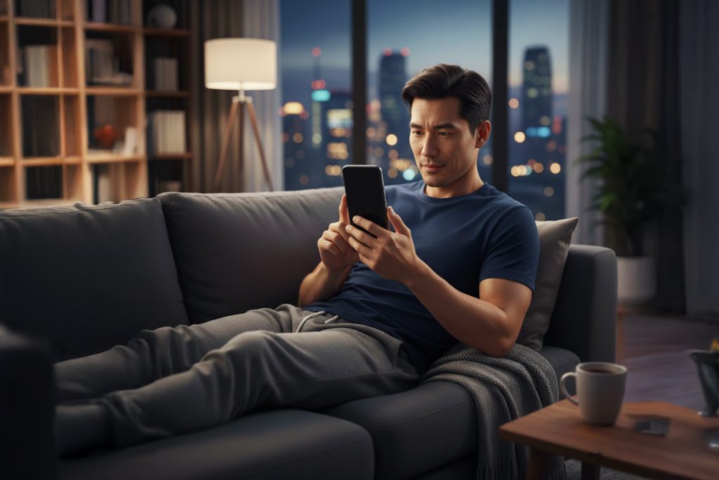 man checking his phone on the couch
