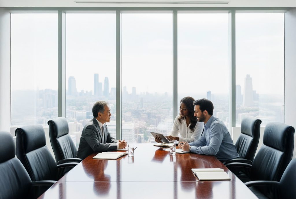 co workers with boss in office 