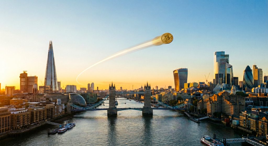 London skyline with Bitcoin