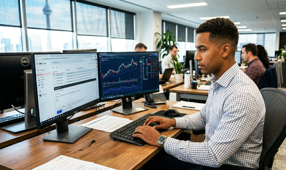man in office at desk typing on keyboard 