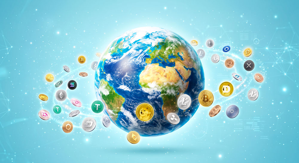 globe with crypto coins